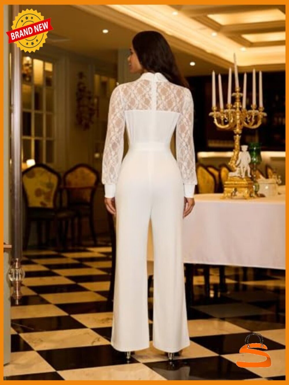 Vintage Wide Leg Lace Jumpsuit with Puff Sleeve & Deep V Neck - Picture 3 of 7